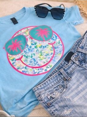 Gildan Light Blue Tee with Neon Pink & Teal Smile Graphic small